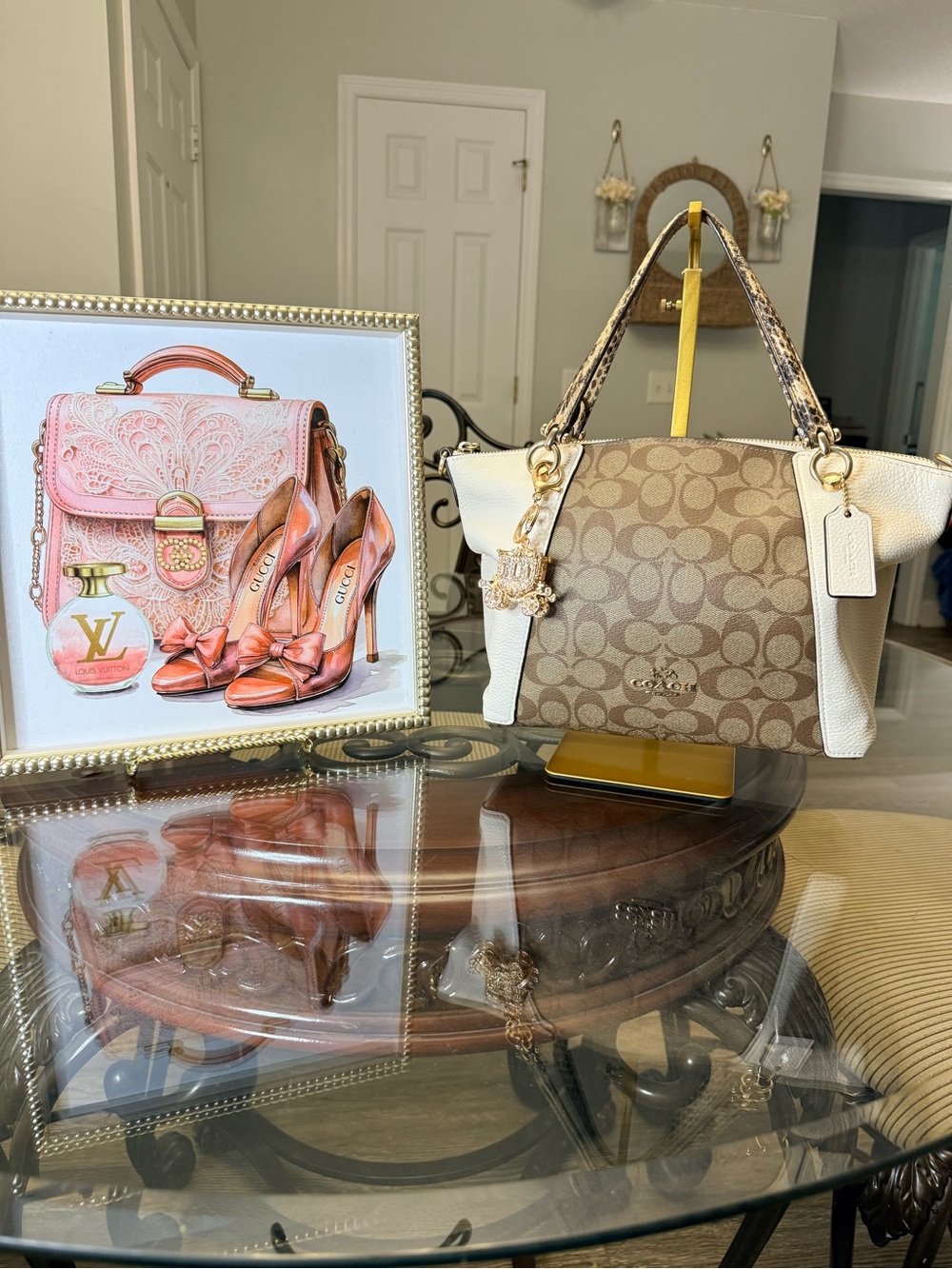 Coach Beige Signature Canvas and White Leather Satchel